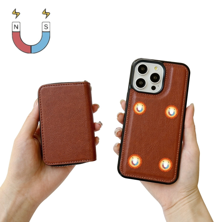 For iPhone 16 Pro Solid Color Zipper 11-Card Slots Bag Phone Case with Lanyard(Brown)