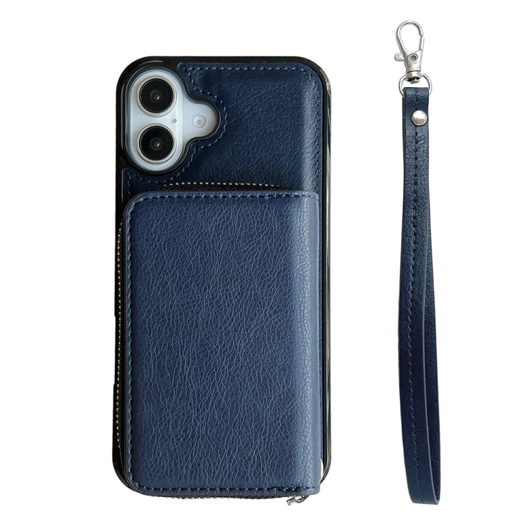 For iPhone 16 Plus Solid Color Zipper 11-Card Slots Bag Phone Case with Lanyard(Blue)