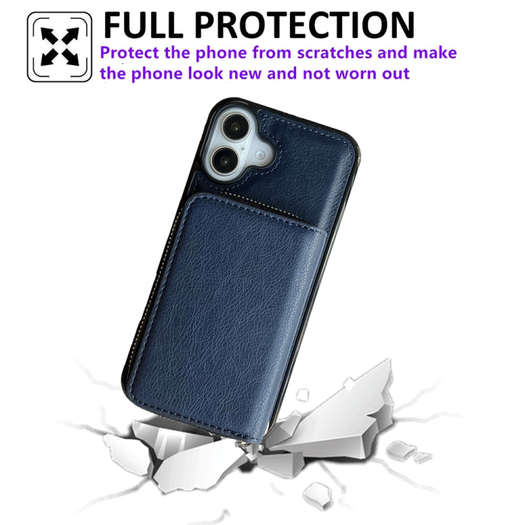 For iPhone 16 Plus Solid Color Zipper 11-Card Slots Bag Phone Case with Lanyard(Blue)