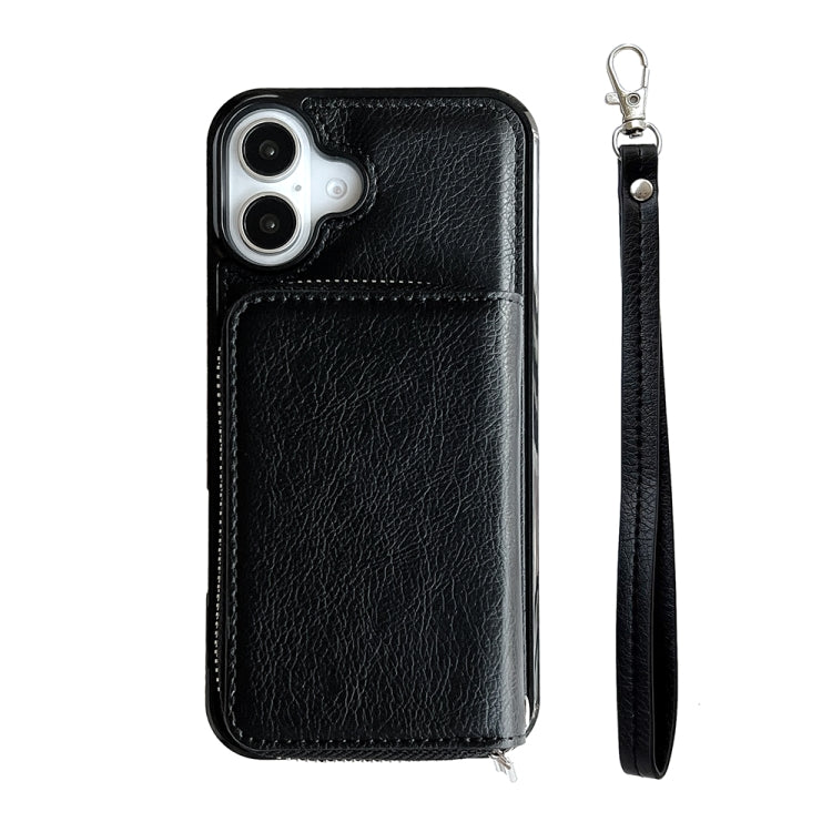For iPhone 16 Plus Solid Color Zipper 11-Card Slots Bag Phone Case with Lanyard(Black)
