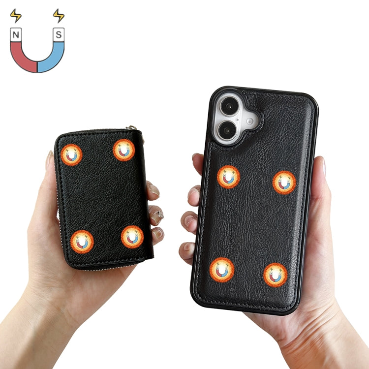 For iPhone 16 Plus Solid Color Zipper 11-Card Slots Bag Phone Case with Lanyard(Black)