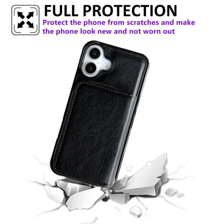 For iPhone 16 Plus Solid Color Zipper 11-Card Slots Bag Phone Case with Lanyard(Black)