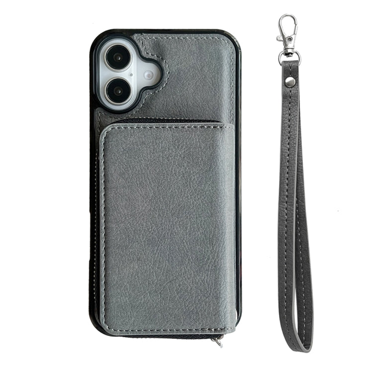 For iPhone 16 Plus Solid Color Zipper 11-Card Slots Bag Phone Case with Lanyard(Grey)