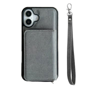 For iPhone 16 Plus Solid Color Zipper 11-Card Slots Bag Phone Case with Lanyard(Grey)