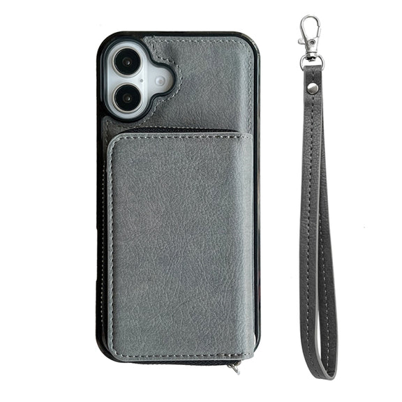 For iPhone 16 Plus Solid Color Zipper 11-Card Slots Bag Phone Case with Lanyard(Grey)