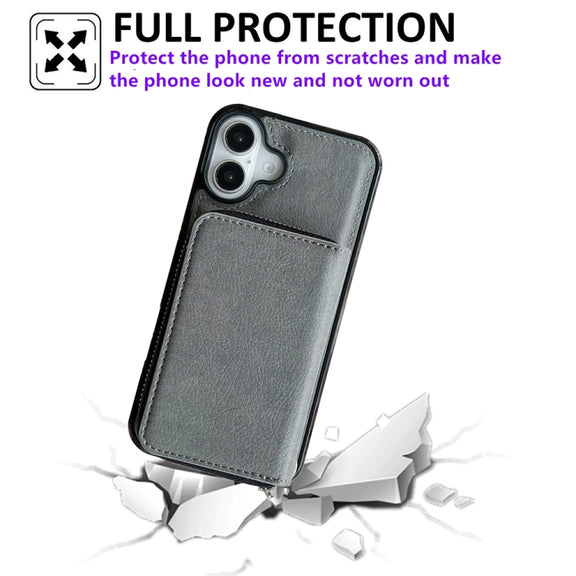 For iPhone 16 Plus Solid Color Zipper 11-Card Slots Bag Phone Case with Lanyard(Grey)