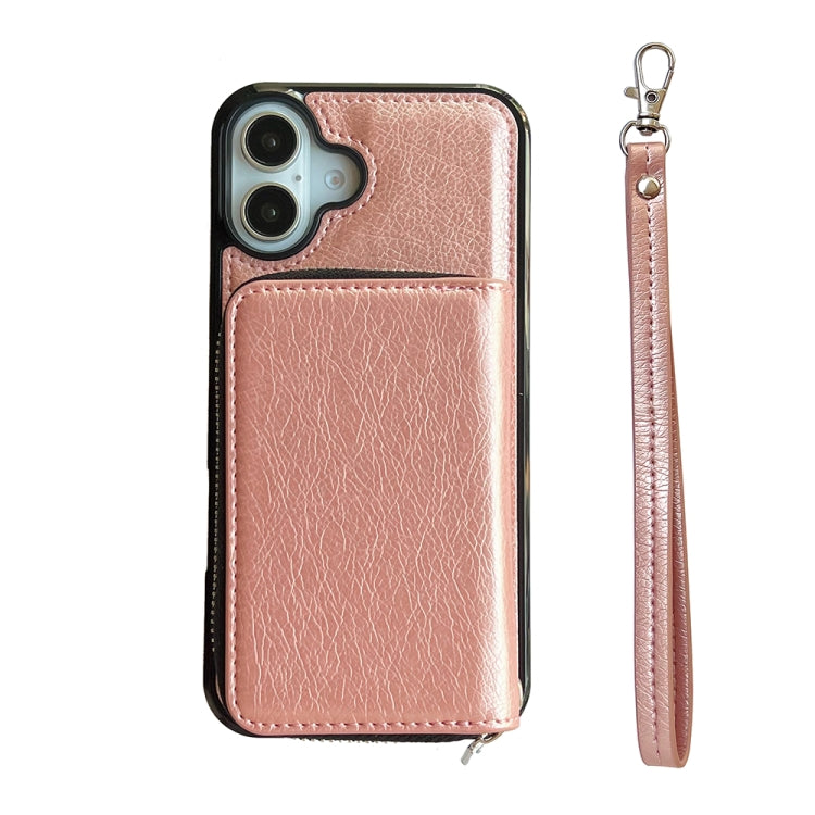 For iPhone 16 Plus Solid Color Zipper 11-Card Slots Bag Phone Case with Lanyard(Rose Gold)