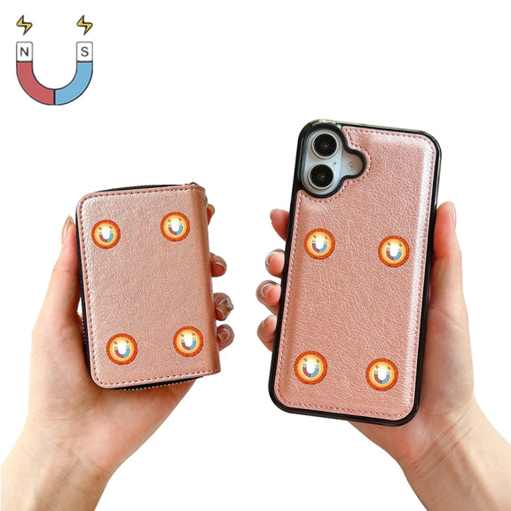 For iPhone 16 Plus Solid Color Zipper 11-Card Slots Bag Phone Case with Lanyard(Rose Gold)