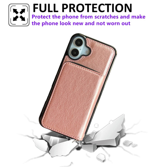 For iPhone 16 Plus Solid Color Zipper 11-Card Slots Bag Phone Case with Lanyard(Rose Gold)