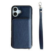 For iPhone 16 Solid Color Zipper 11-Card Slots Bag Phone Case with Lanyard(Blue)