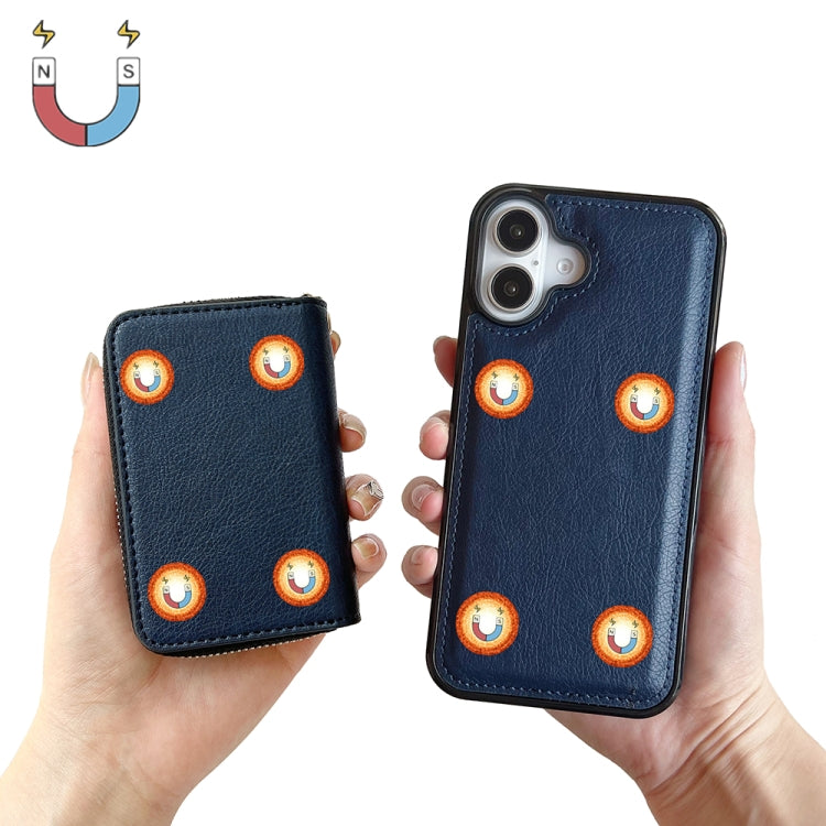 For iPhone 16 Solid Color Zipper 11-Card Slots Bag Phone Case with Lanyard(Blue)