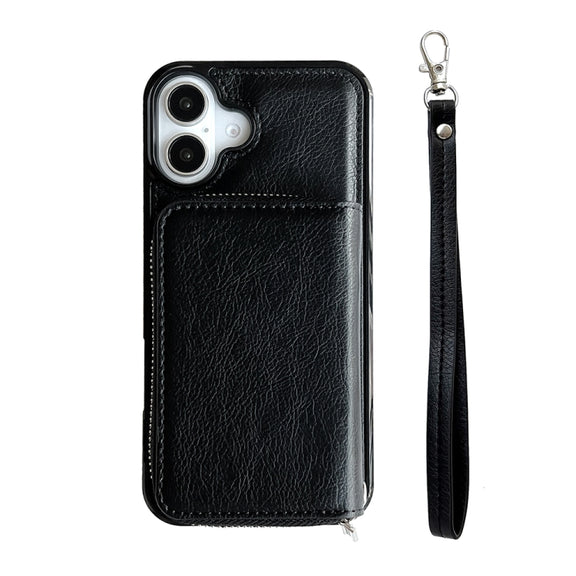 For iPhone 16 Solid Color Zipper 11-Card Slots Bag Phone Case with Lanyard(Black)