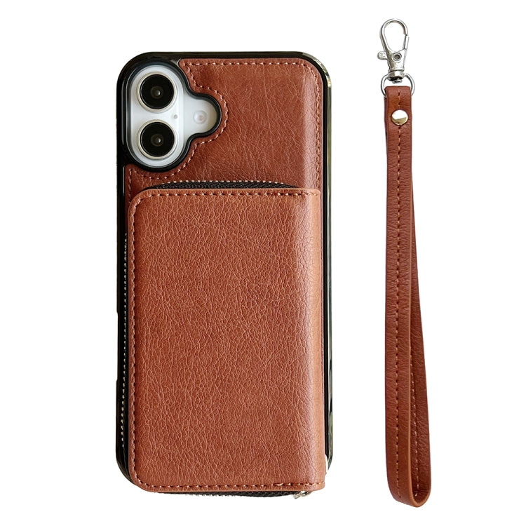 For iPhone 16 Solid Color Zipper 11-Card Slots Bag Phone Case with Lanyard(Brown)