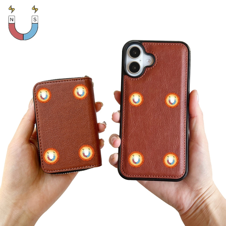 For iPhone 16 Solid Color Zipper 11-Card Slots Bag Phone Case with Lanyard(Brown)