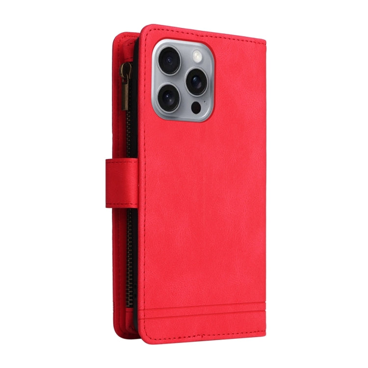 For iPhone 16 Pro Max Skin Feel Multi-Card Wallet Zipper Leather Phone Case(Red)
