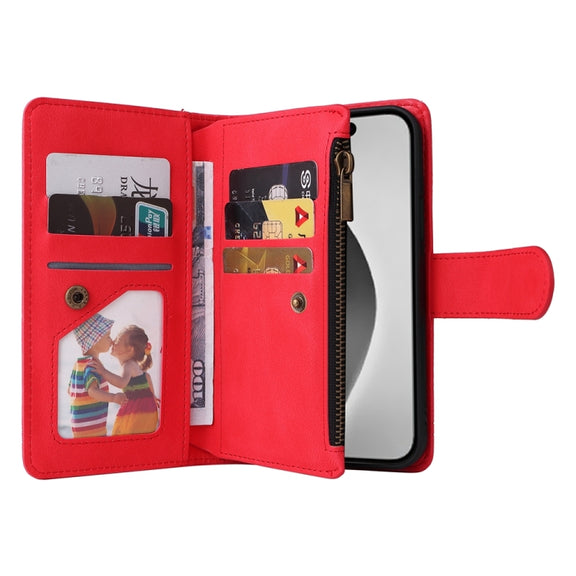 For iPhone 16 Pro Max Skin Feel Multi-Card Wallet Zipper Leather Phone Case(Red)
