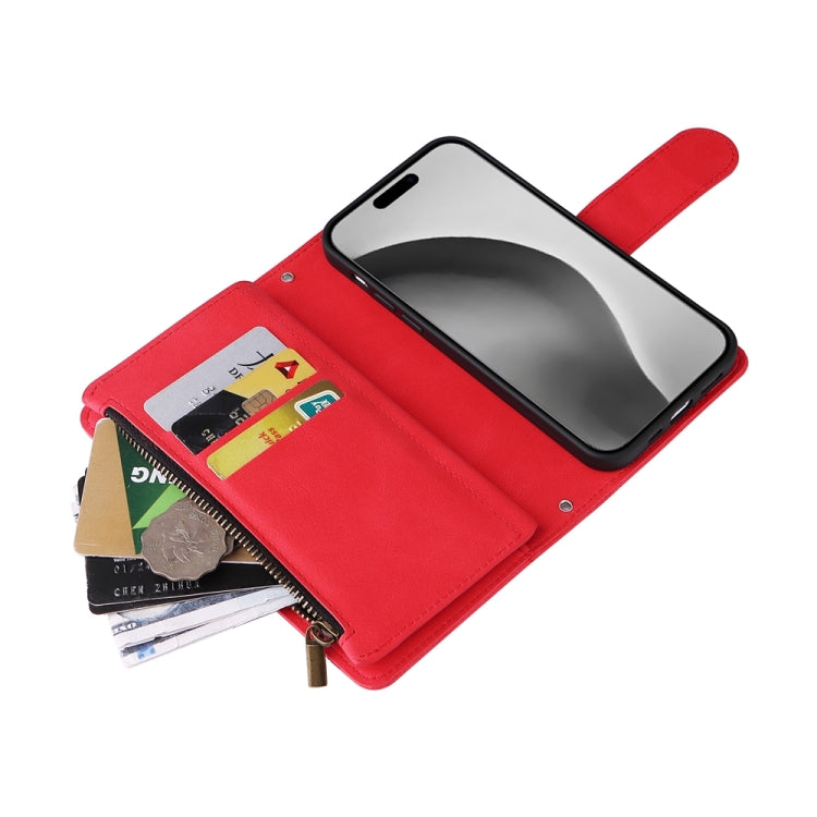 For iPhone 16 Pro Max Skin Feel Multi-Card Wallet Zipper Leather Phone Case(Red)