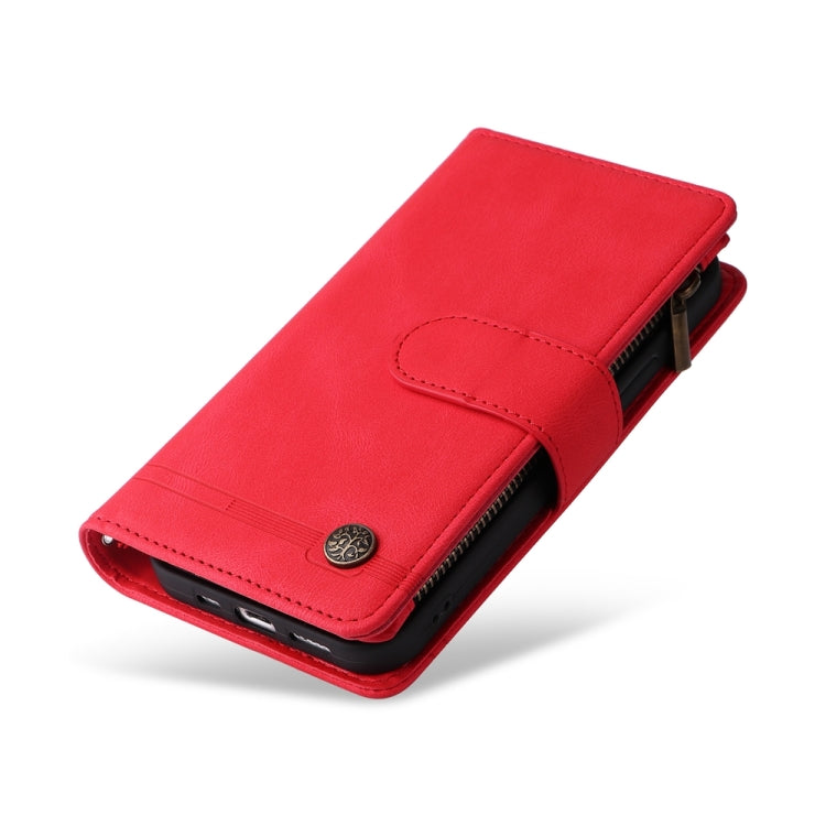 For iPhone 16 Pro Max Skin Feel Multi-Card Wallet Zipper Leather Phone Case(Red)