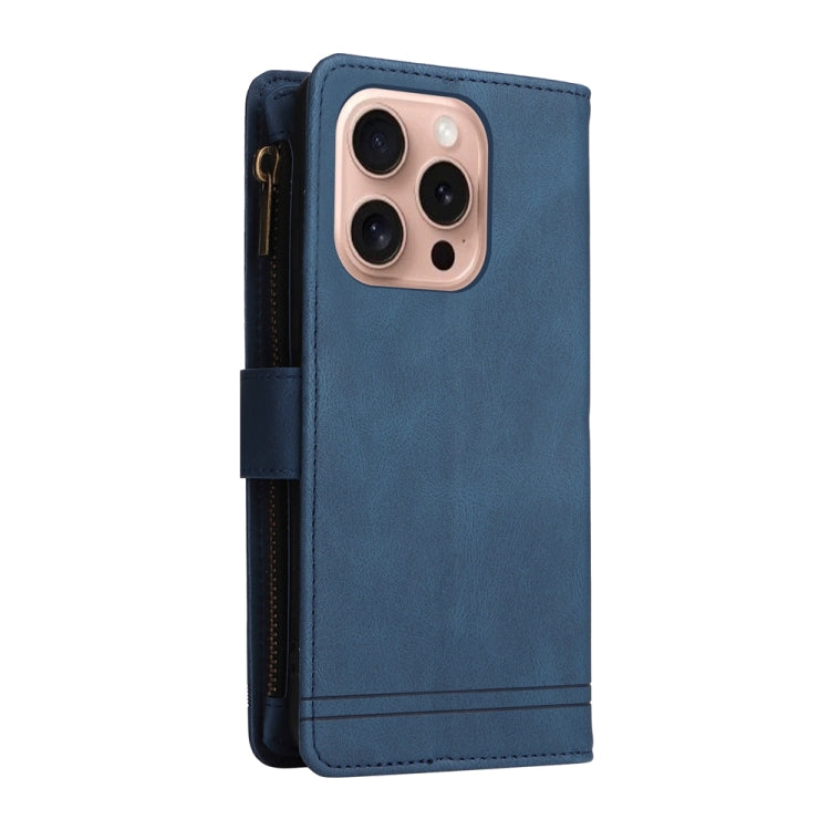 For iPhone 16 Pro Skin Feel Multi-Card Wallet Zipper Leather Phone Case(Blue)