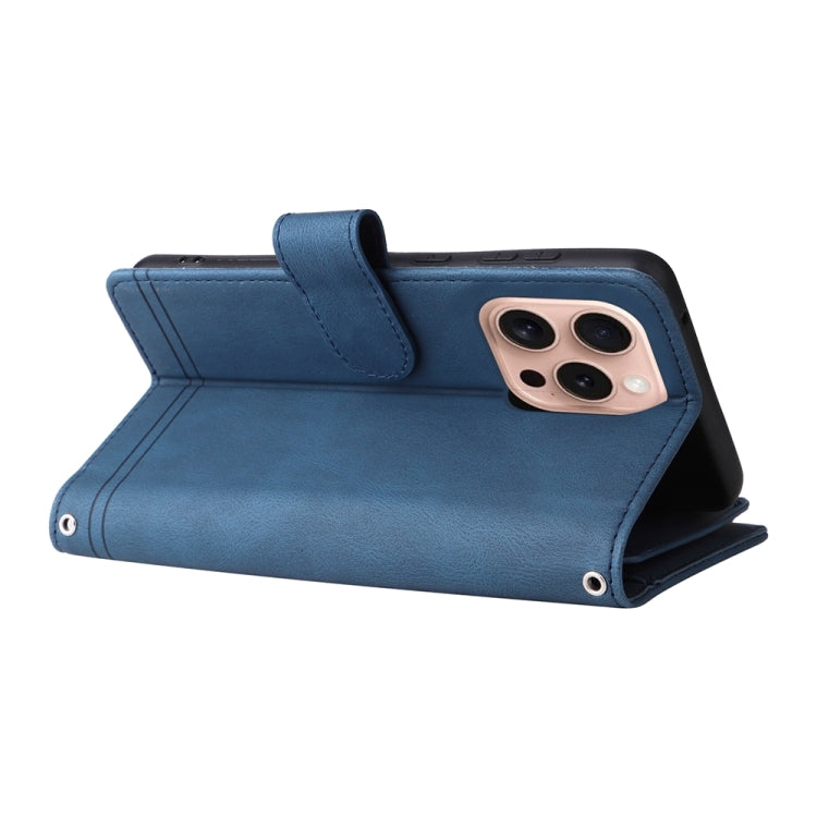 For iPhone 16 Pro Skin Feel Multi-Card Wallet Zipper Leather Phone Case(Blue)