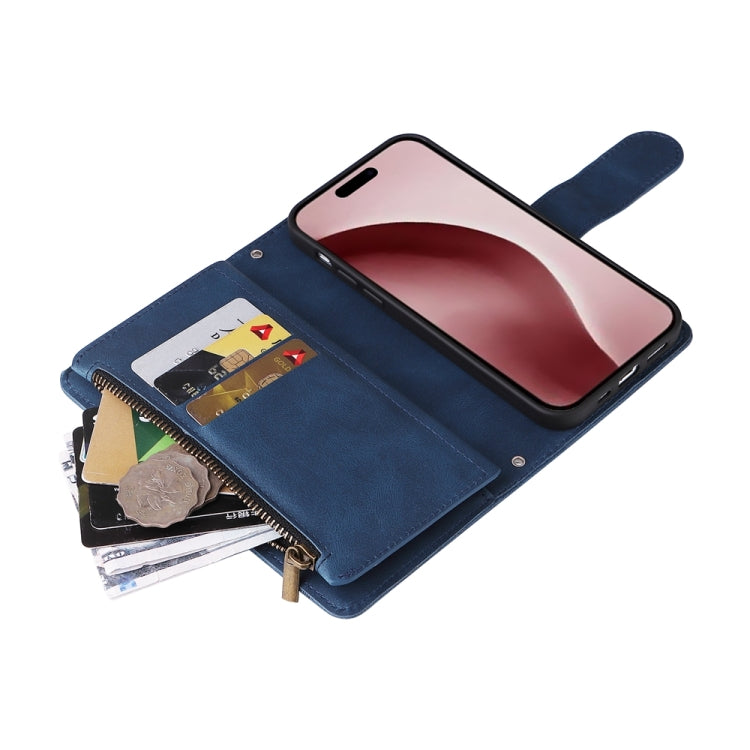 For iPhone 16 Pro Skin Feel Multi-Card Wallet Zipper Leather Phone Case(Blue)