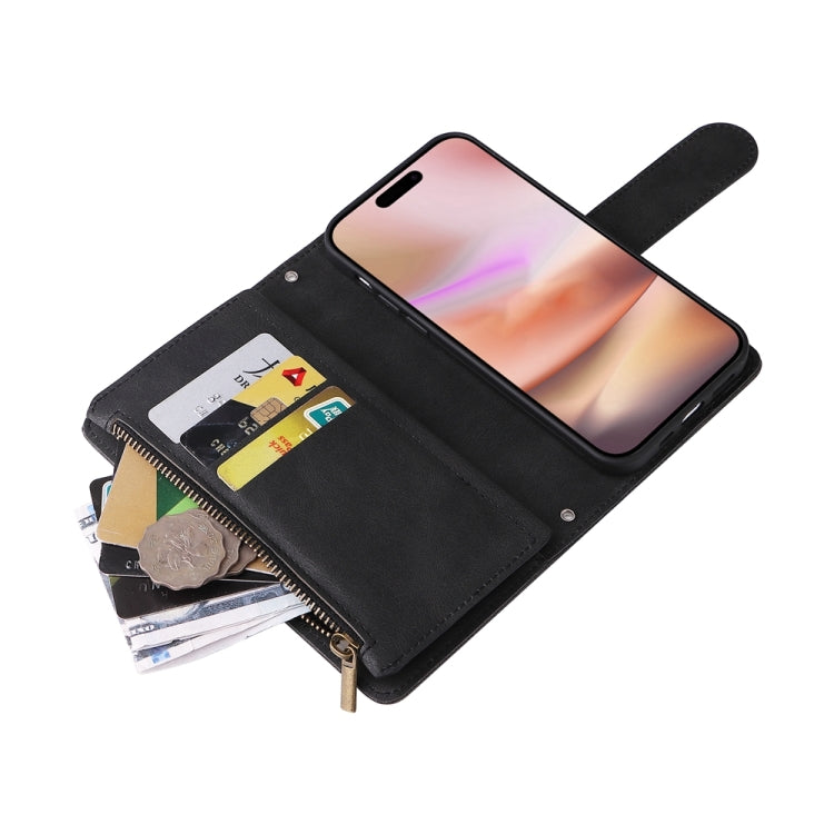For iPhone 16 Plus Skin Feel Multi-Card Wallet Zipper Leather Phone Case(Black)