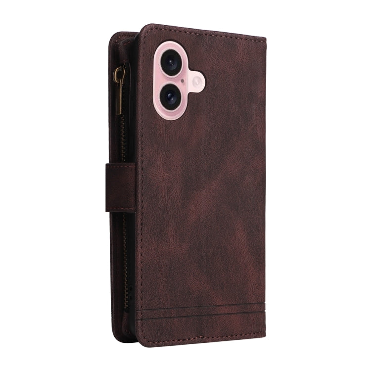 For iPhone 16 Skin Feel Multi-Card Wallet Zipper Leather Phone Case(Brown)