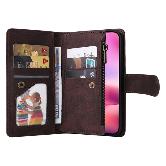 For iPhone 16 Skin Feel Multi-Card Wallet Zipper Leather Phone Case(Brown)