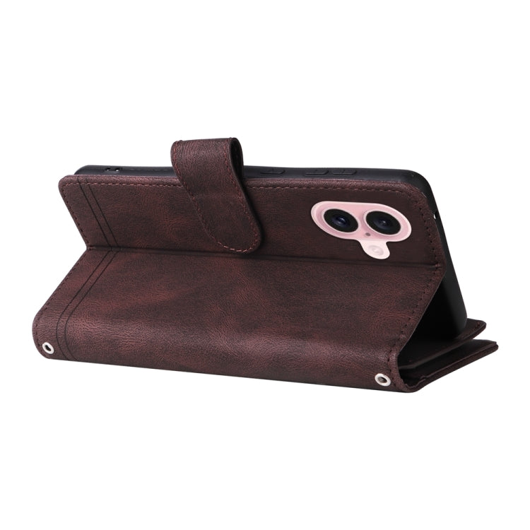 For iPhone 16 Skin Feel Multi-Card Wallet Zipper Leather Phone Case(Brown)