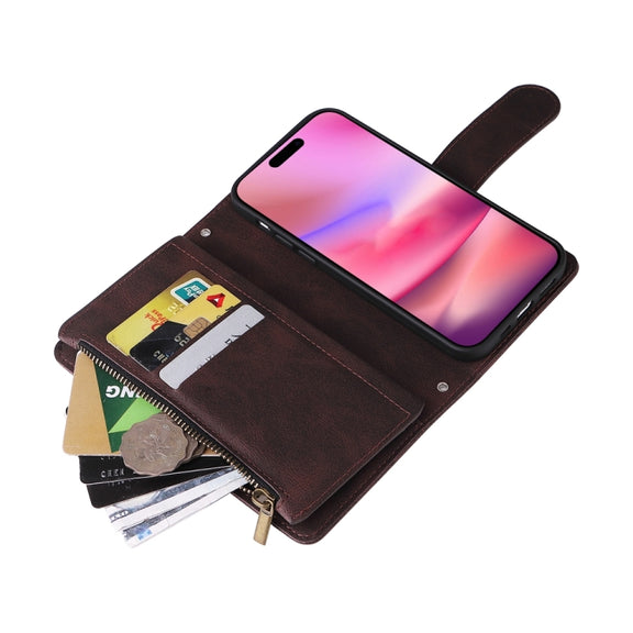 For iPhone 16 Skin Feel Multi-Card Wallet Zipper Leather Phone Case(Brown)
