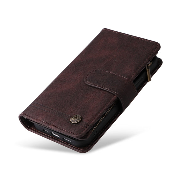For iPhone 16 Skin Feel Multi-Card Wallet Zipper Leather Phone Case(Brown)