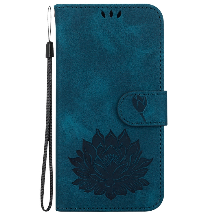 For iPhone 16e Lotus Embossed Leather Phone Case(Dark Blue)