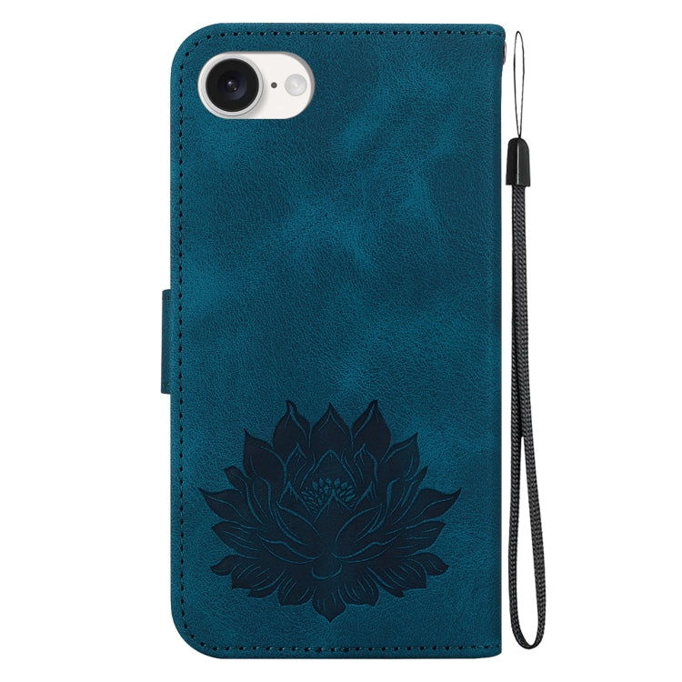 For iPhone 16e Lotus Embossed Leather Phone Case(Dark Blue)