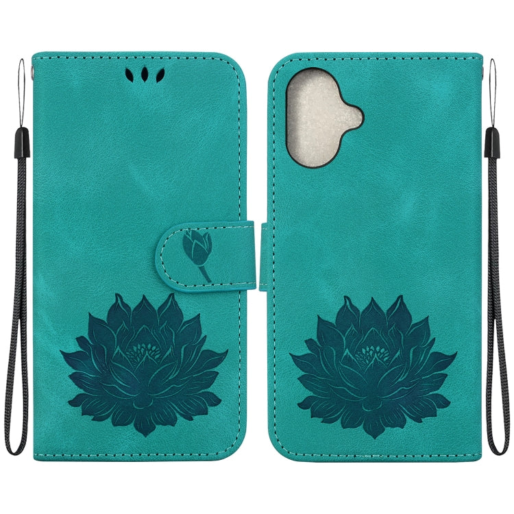 For iPhone 16 Plus Lotus Embossed Leather Phone Case(Green)
