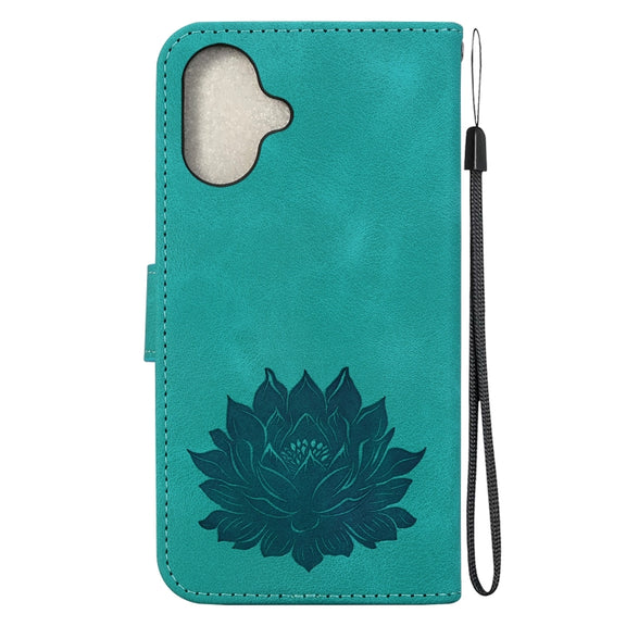 For iPhone 16 Plus Lotus Embossed Leather Phone Case(Green)