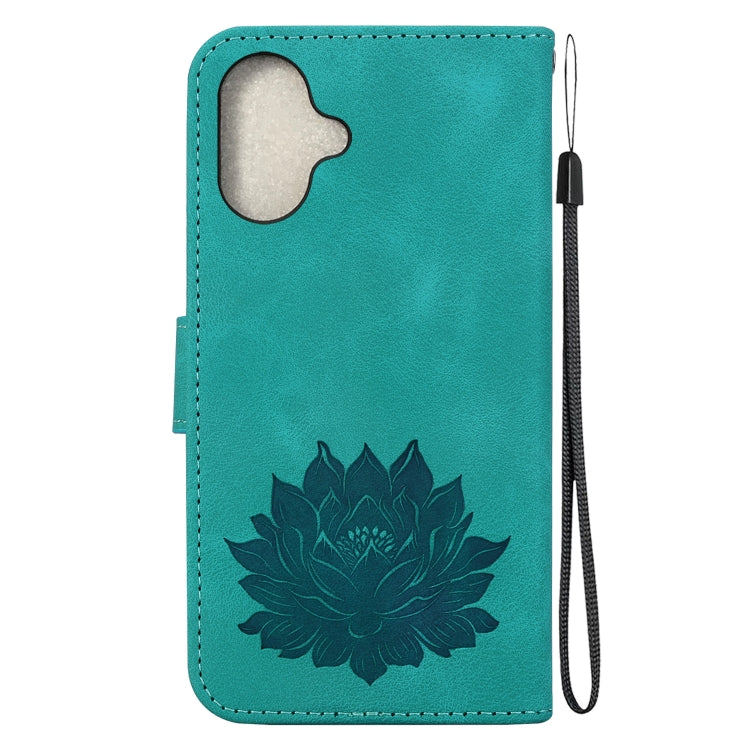 For iPhone 16 Plus Lotus Embossed Leather Phone Case(Green)