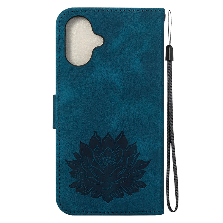 For iPhone 16 Lotus Embossed Leather Phone Case(Dark Blue)