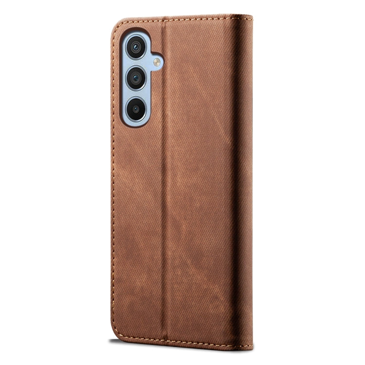 For Samsung Galaxy S25 5G Denim Texture Casual Style Horizontal Flip Leather Case(Brown)