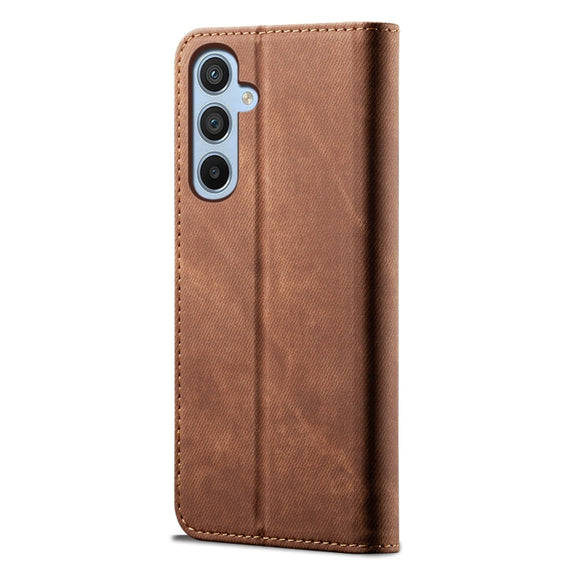 For Samsung Galaxy S25+ 5G Denim Texture Casual Style Horizontal Flip Leather Case(Brown)