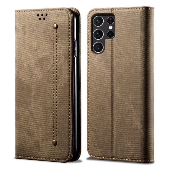 For Samsung Galaxy S25 Ultra 5G Denim Texture Casual Style Horizontal Flip Leather Case(Khaki)