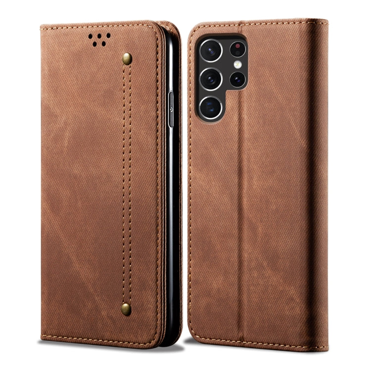 For Samsung Galaxy S25 Ultra 5G Denim Texture Casual Style Horizontal Flip Leather Case(Brown)
