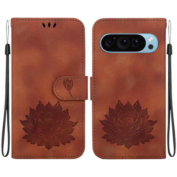 For Google Pixel 9 Pro Lotus Embossed Leather Phone Case(Brown)