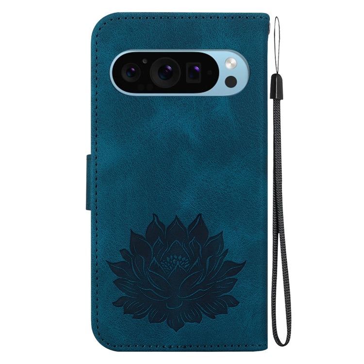 For Google Pixel 9 Pro Lotus Embossed Leather Phone Case(Dark Blue)
