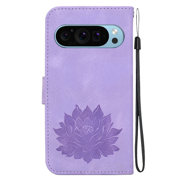 For Google Pixel 9 Pro Lotus Embossed Leather Phone Case(Purple)