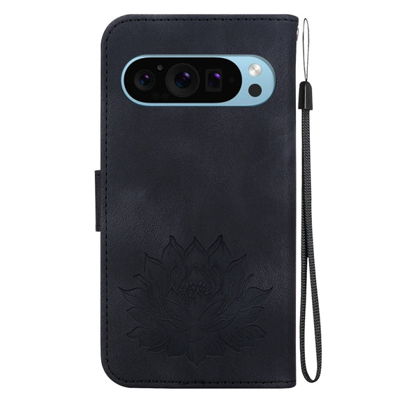 For Google Pixel 9 Pro Lotus Embossed Leather Phone Case(Black)