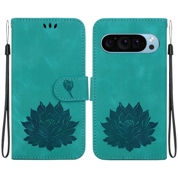 For Google Pixel 9 Lotus Embossed Leather Phone Case(Green)