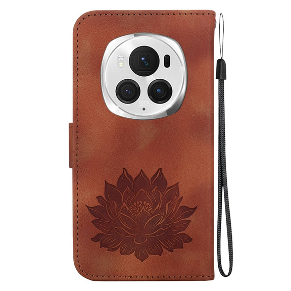 For Honor Magic6 Pro Lotus Embossed Leather Phone Case(Brown)