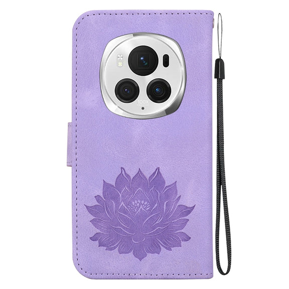 For Honor Magic6 Pro Lotus Embossed Leather Phone Case(Purple)