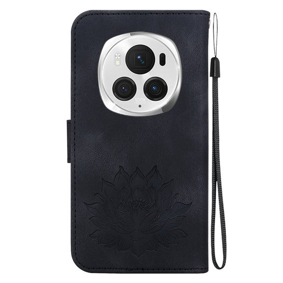 For Honor Magic6 Pro Lotus Embossed Leather Phone Case(Black)