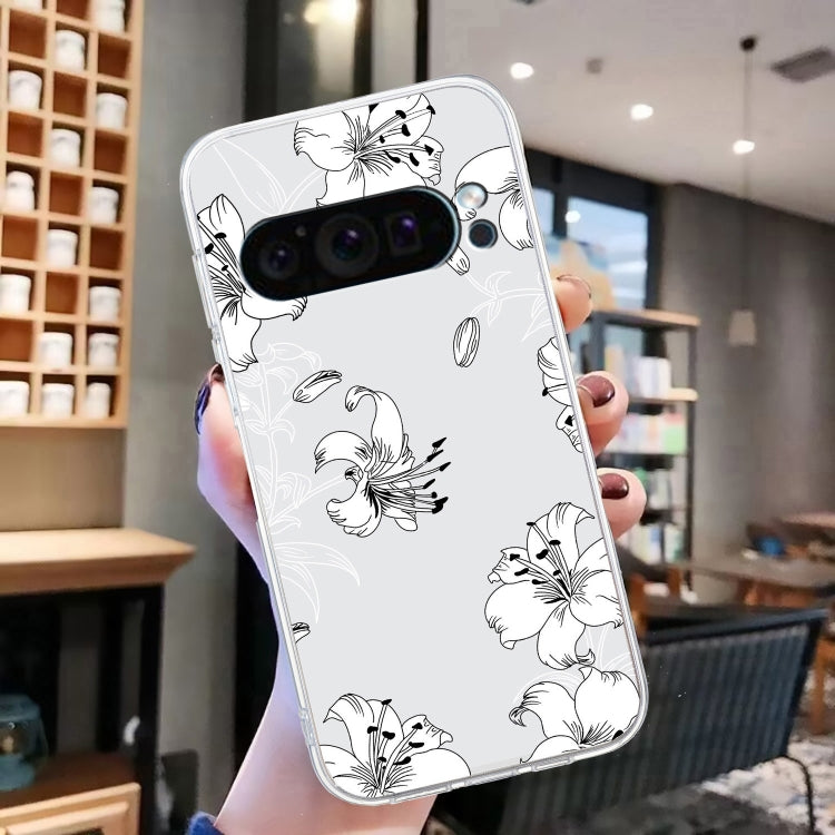 For Google Pixel 9 Colored Drawing Pattern Transparent TPU Phone Case(White Flower)